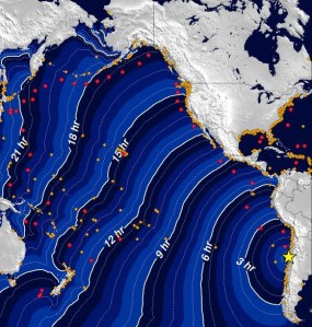 A map shows the predicted progress of a tsunami from the epicenter of the quake in Chile to the coast of California. (Credit: NOAA) 