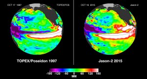 Satellite images comparing Oct. 16, 2015, and Oct. 17, 1997, show a large area of white, which indicate high sea levels, reflective of high sea temperatures. The image shows how this year's El Niño could be as powerful as the one in 1997, the strongest El Niño on record. (Credit: NASA Jet Propulsion Laboratory)