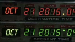 Doc Brown and Marty McFly hit 88 miles per hour in their flying DeLorean and arrived at 4:29 p.m. on Oct. 21, 2015. (Credit: NBCU)