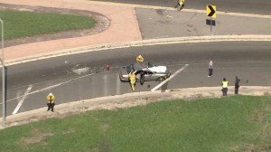 Emergency crews are seen at the site of a crash in North Hollywood on Oct. 22, 2015. (Credit: KTLA)