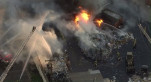 L.A. firefighters were battling a blaze at a recycling yard in South L.A. on Oct. 29, 2015. (Credit: KTLA)