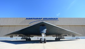 A B-2 Stealth Bomber is shown at the Palmdale Aircraft Integration Center of Excellence on July 17, 2014, when the U.S. Air Force and manufacturer of the B-2, Northrop Grumman, celebrated the 25th anniversary of the B-2 Stealth Bomber's first flight. (Credit: FREDERIC J. BROWN/AFP/Getty Images)