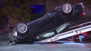 A car overturned in a fatal two-vehicle crash in Hacienda Heights on Sunday, Oct. 18, 2015. (Credit: KTLA)