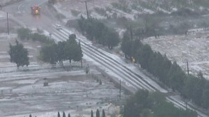 Hail appeared to be blanketing the Lake Elizabeth area amid a storm on Oct. 15, 2015. (Credit: KTLA)