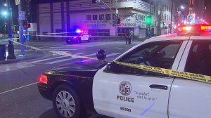 The intersection of Hollywood Boulevard and Highland Avenue was temporarily closed after a hit-and-run collision on Friday, Oct. 2, 2015. (Credit: KTLA)