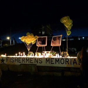 A memorial was held Tuesday, Oct. 6, 2015, at Harbor Park in Rockland, Maine, the hometown of Danielle Randolph and Dylan Meklin to honor and remember the passengers on board El Faro. (Credit: Scout Tisone/via CNN)