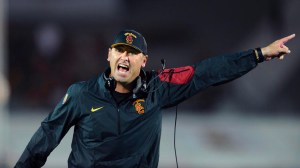 USC Coach Steve Sarkisian yells at a referee during a game against Washington. (Credit: Wally Skalij/Los Angeles Times)