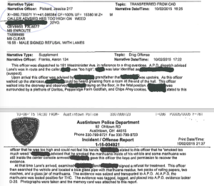 A portion of a police report for a young Ohio man who called 911 on Oct. 2, 2015, to say he was too high is shown.