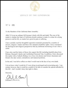 Gov. Jerry Brown issued an unusually personal signing statement with his approval of the End of Life Option Act on Oct. 5, 2015. 