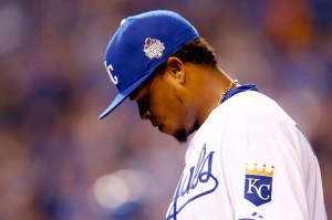 Edinson Volquez of the Kansas City Royals reacts in the fifth inning against the New York Mets during Game One of the 2015 World Series on October 27, 2015. (Credit: Jamie Squire/Getty Images)