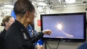 Adm. Cecil D. Haney of U.S. Strategic Command watches video of a Trident II D5 missile launch on Nov. 7, 2015. (Credit: U.S. Navy photo by Mass Communication Specialist 1st Class Byron C. Linder)