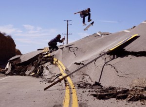 Skaters take to Vasquez Canyon Road, which closed due to a landslide on Nov. 19, 2015. (Credit: Gantry Hill)