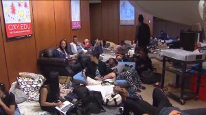 Students continued to stage a sit-in at Occidental College's Arthur G. Coons Administrative Center on Tuesday, Nov. 17, 2015. (Credit: KTLA)