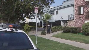 LAPD officers investigate after a robbery call led to the hospitalization of a woman in Palms on Nov. 24, 2015. (Credit: KTLA)