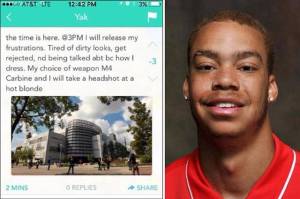 Fresno State alerted students and staff after learning of a post, left, on social media app Yik Yak threatening armed violence on campus on Nov. 3, 2015. Campus police arrested Christian Malik Pryor, 18, right, shown in his Fresno State athletics photo. (Credit: The Fresno Bee)