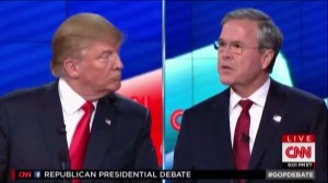 Donald Trump and Jeb Bush verbally spar at the Republican presidential debate in Las Vegas, Nevada, on Dec. 15, 2015. (Credit: CNN) 