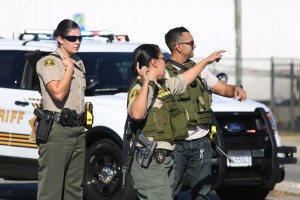 San Bernardino County Sheriff's deputies respond to a mass shooting at the Inland Regional Center on Dec. 2, 2015. (Credit: David McNew/Getty Images)