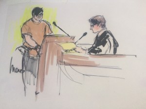 Enrique Marquez is shown in a court artist's sketch during an appearance in Riverside federal court on Dec. 17, 2015. (Credit: Mona S. Edwards)