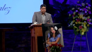 Nohemi Gonzalez's stepfather, Jose Hernandez, speaks at her funeral in Downey on Dec. 4, 2015. (Credit: KTLA)