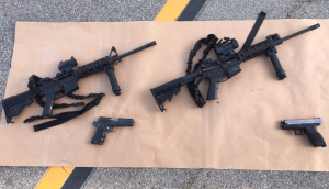 The San Bernardino County Sheriff's Department on Dec. 3, 2015, tweeted this image of two handguns and two firearms recovered from the scene of a shootout with the suspects in a mass shooting in San Bernardino.