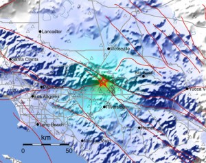 A "ShakeMap" shows the distribution of people's response to an earthquake near Devore on Dec. 29, 2015. (Credit: USGS)