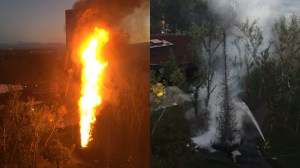 A fire on Dec. 14, 2015, burned down a 90-foot Christmas tree outside a Costa Mesa hotel. (Credit: David Songer/@cdavidsonger)