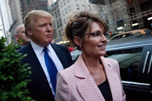  Former U.S. Vice presidential candidate and Alaska Governor Sarah Palin (R), and Donald Trump walk towards a limo after leaving Trump Tower, at 56th Street and 5th Avenue, on May 31, 2011 in New York City. (Credit: Andrew Burton/Getty Images)