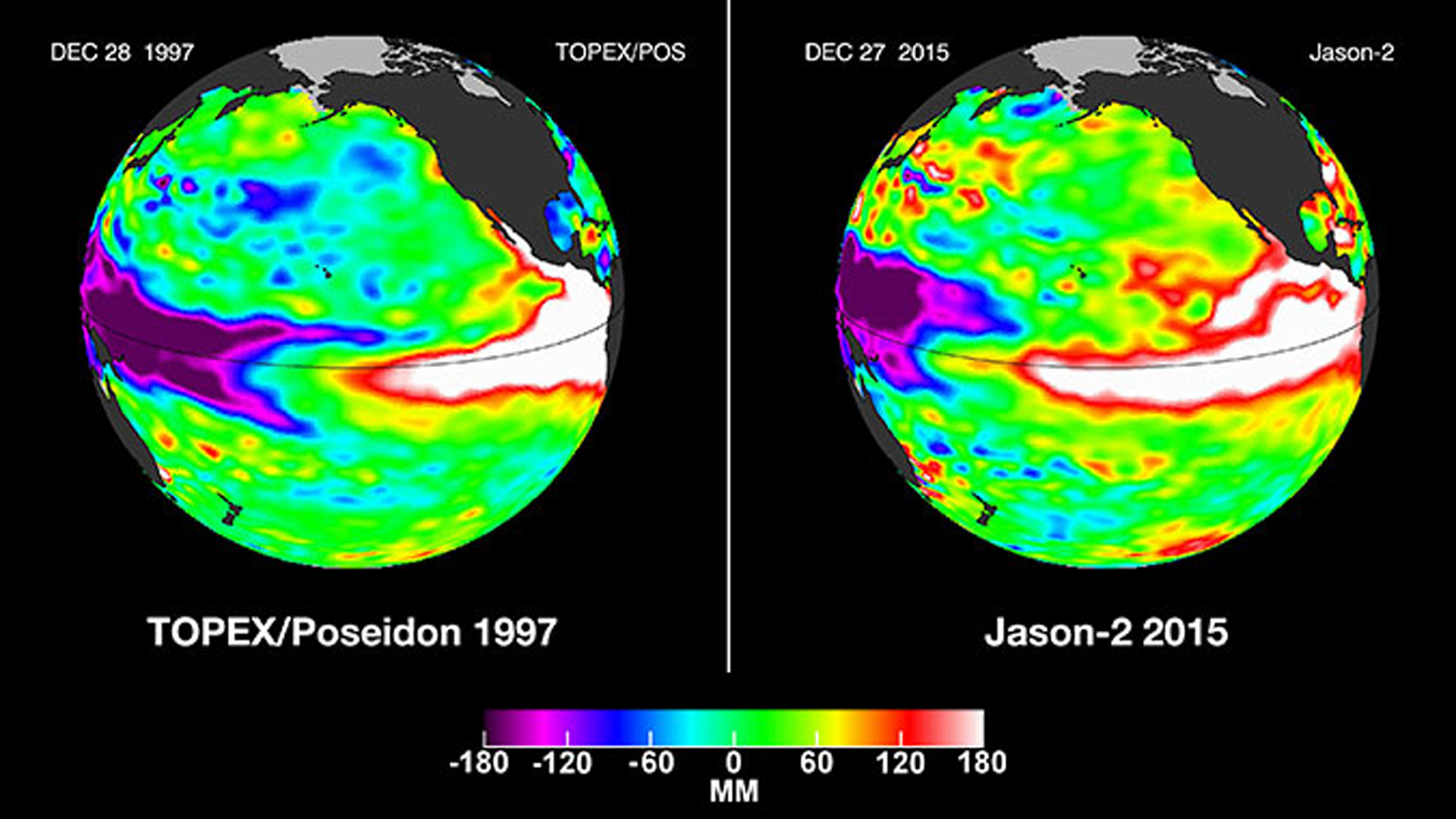 NASA released the latest satellite image comparing the current El Niño to the 1997 event on Dec. 29, 2015. 
