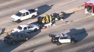 A CHP motorcycle officer was involved in a crash on the 170 Freeway in Burbank on Jan. 25, 2016. (Credit: KTLA)