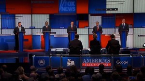 Rand Paul, Chris Christie, Ben Carson, Ted Cruz, Marco Rubio, Jeb Bush and John Kasich at the Fox News Republican debate on January 28, 2016. (Credit: Fox News)