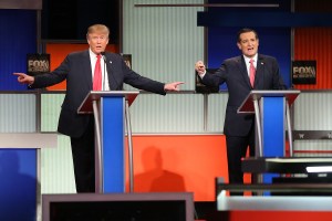 Republican presidential candidates (L-R) Donald Trump and Sen. Ted Cruz (R-TX) participate in the Fox Business Network Republican presidential debate at the North Charleston Coliseum and Performing Arts Center on Jan. 14, 2016, in North Charleston, South Carolina. (Credit: Scott Olson/Getty Images)