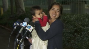 Maria Castro spoke to reporters after being reunited with her 1-year-old son, Caleb Castro, on Jan. 7, 2016. (Credit: KTLA)