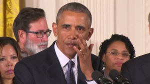 President Obama tears up while talking about the children killed at Sandy Hook Elementary during a White House event to announce steps to combat gun violence on Jan. 5, 2016. (Credit: CNN)