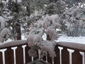 A KTLA viewer shared this photo of a snowy deck in Big Bear on Jan. 6, 2015.