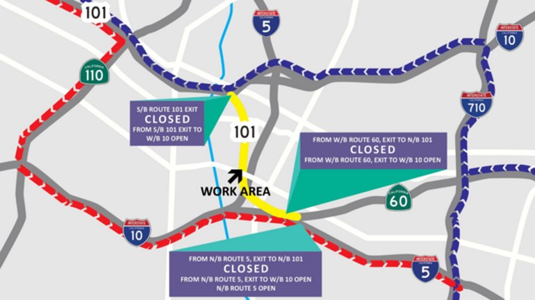 A map on the Sixth Street Viaduct project's website shows the impacted stretch of 101 Freeway. 