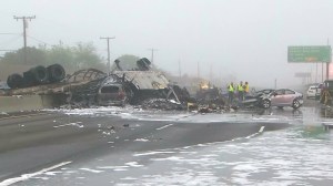 A fiery crash involving a big rig left three dead and five injured in the Commerce area on Feb. 27, 2016. (Credit: KTLA) 
