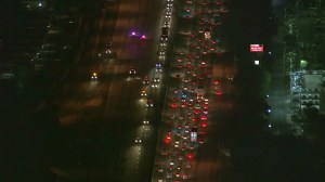 Traffic was backed up on the 57 Freeway in Orange County after two fatal incidents on Feb. 3, 2016. (Credit: KTLA)