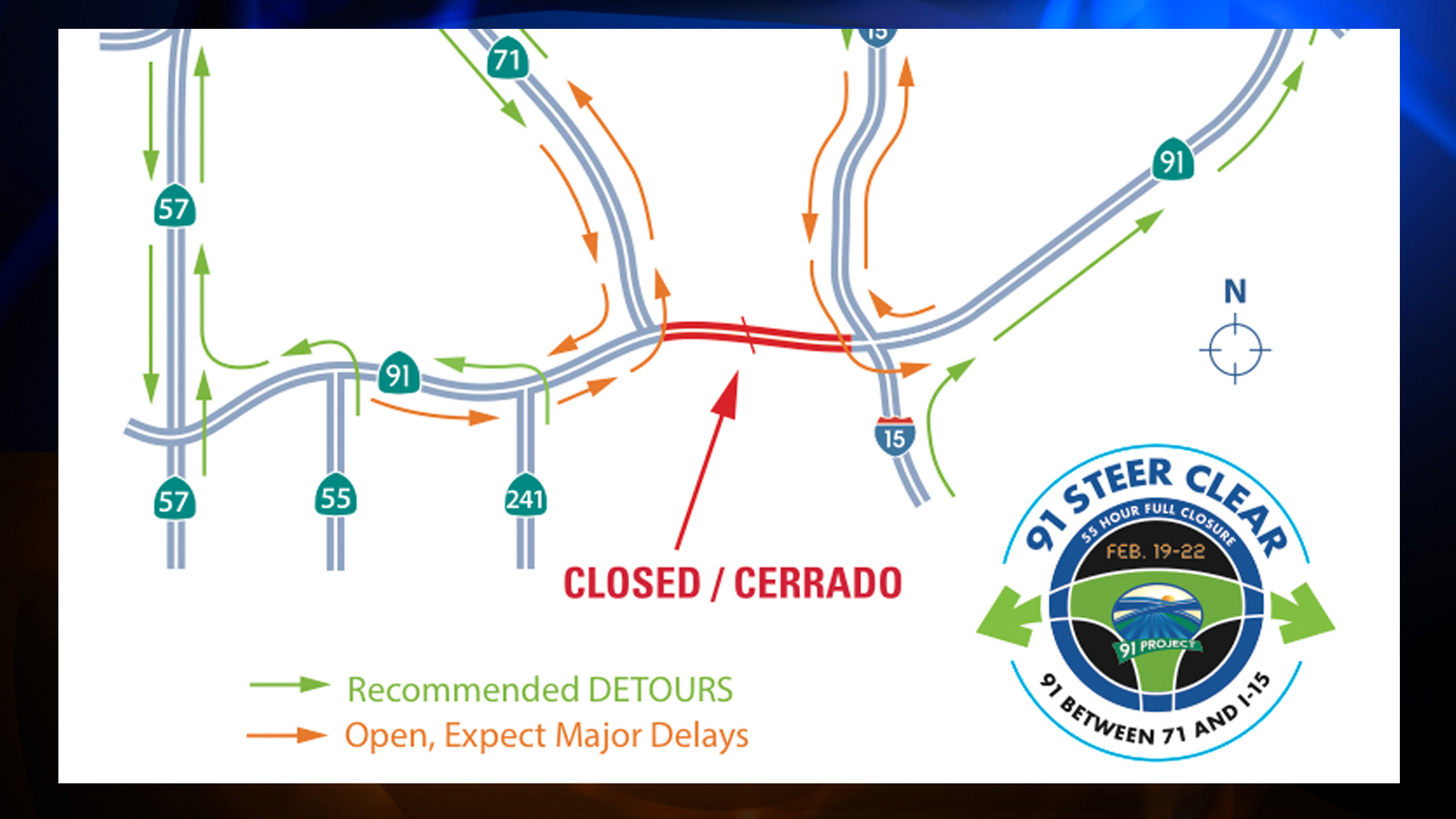 A map of the 91 Freeway closure is seen from the "91 Steer Clear" project's website. 