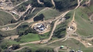 Part of the sprawling Aliso Canyon natural gas facility is shown on Feb. 11, 2016, when Southern California Gas Co. said it had temporarily stopped the flow from a well that began leaking nearly four months earlier. (Credit: KTLA)