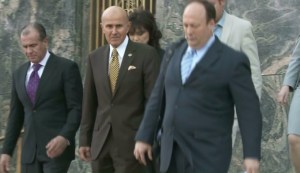 Former L.A. County Sheriff Lee Baca is seen leaving federal court on Feb. 10, 2016, after pleading guilty to lying to investigators. (Credit: KTLA)