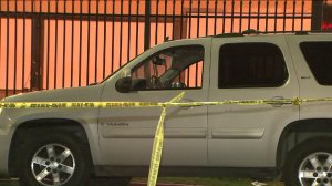 A stabbing victim's vehicle is seen in Silver Lake on Feb. 20, 2016. (Credit: KTLA)