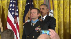 Navy SEAL Edward Byers receives the Medal of Honor from President Barack Obama at a White House ceremony on Feb. 29, 2016. (Credit: CNN)