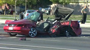 One of the vehicles involved in a fatal crash in Santa Ana is seen on Feb. 8, 2016. (Credit: KTLA)