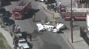 A small plane crashed in Pacoima near Whiteman Airport on Feb. 22, 2016. (Credit: KTLA)