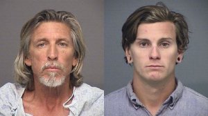 Darryl Headrick, left, and Bryce Headrick, right, are seen in booking photos released by the Huntington Beach Police Department.