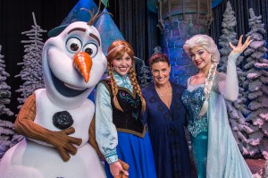 In this handout image provided by Disney Parks, Tony Award-winning actress and singer Idina Menzel poses on July 28, 2015 with Elsa, Anna and Olaf from Disney's 'Frozen' during 'Frozen Summer Fun' at Disney's Hollywood Studios theme park in Lake Buena Vista, Florida. (Credit: Matt Stroshane/Disney Parks via Getty Images)