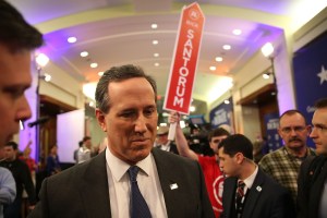 Republican presidential candidate Rick Santorum visits the spin room after finishing the debate sponsored by Fox News and Google at the Iowa Events Center on Jan. 28, 2016, in Des Moines, Iowa. (Credit:  Joe Raedle/Getty Images)