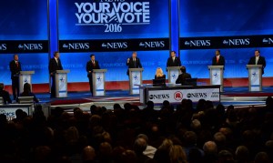 Republican presidential candidates participate in the Republican Presidential Candidates Debate Feb. 6, 2016, at St. Anselm's College Institute of Politics in Manchester, New Hampshire. From left are: John Kasich, Jeb Bush, Marco Rubio, Donald Trump, Ted Cruz, Ben Carson, and Chris Christie. (Credit: JEWEL SAMAD/AFP/Getty Images)