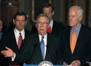 Senate Majority Leader Mitch McConnell (R-KY)(center), speaks to the media about the recent vacancy at the U.S. Supreme Court, on Capitol Hill Feb. 23, 2016. (Credit: Mark Wilson/Getty Images)