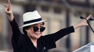 Japanese musician and artist Yoko Ono, widow of John Lennon, waves before an event of the Secretary of Cultura at Zocalo Square in Mexico City, on Feb. 2, 2016. for diverse activities. (Credit: ALFREDO ESTRELLA/AFP/Getty Images)